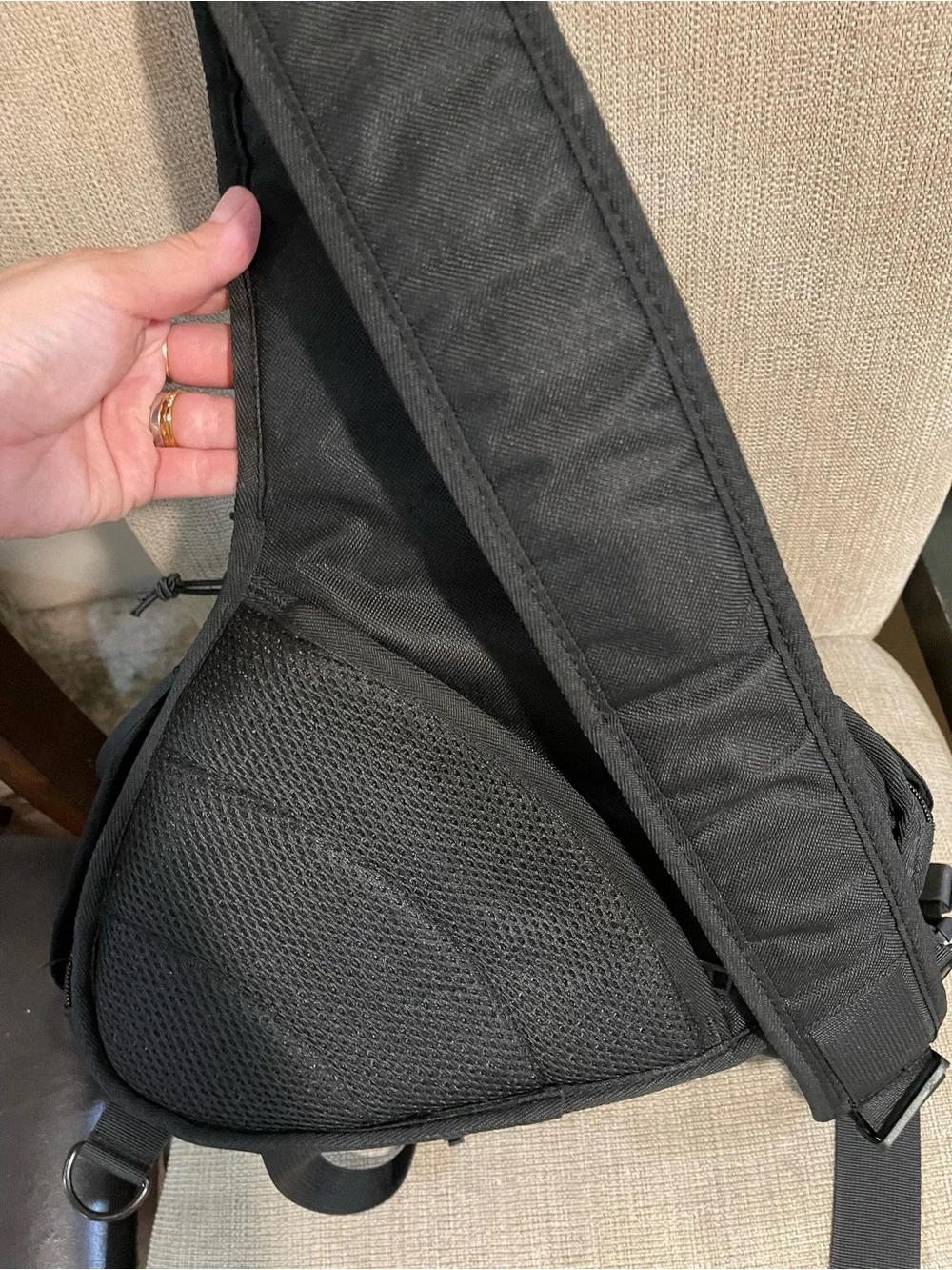 Black Sling Camera Crossbody Bag with Red Accent